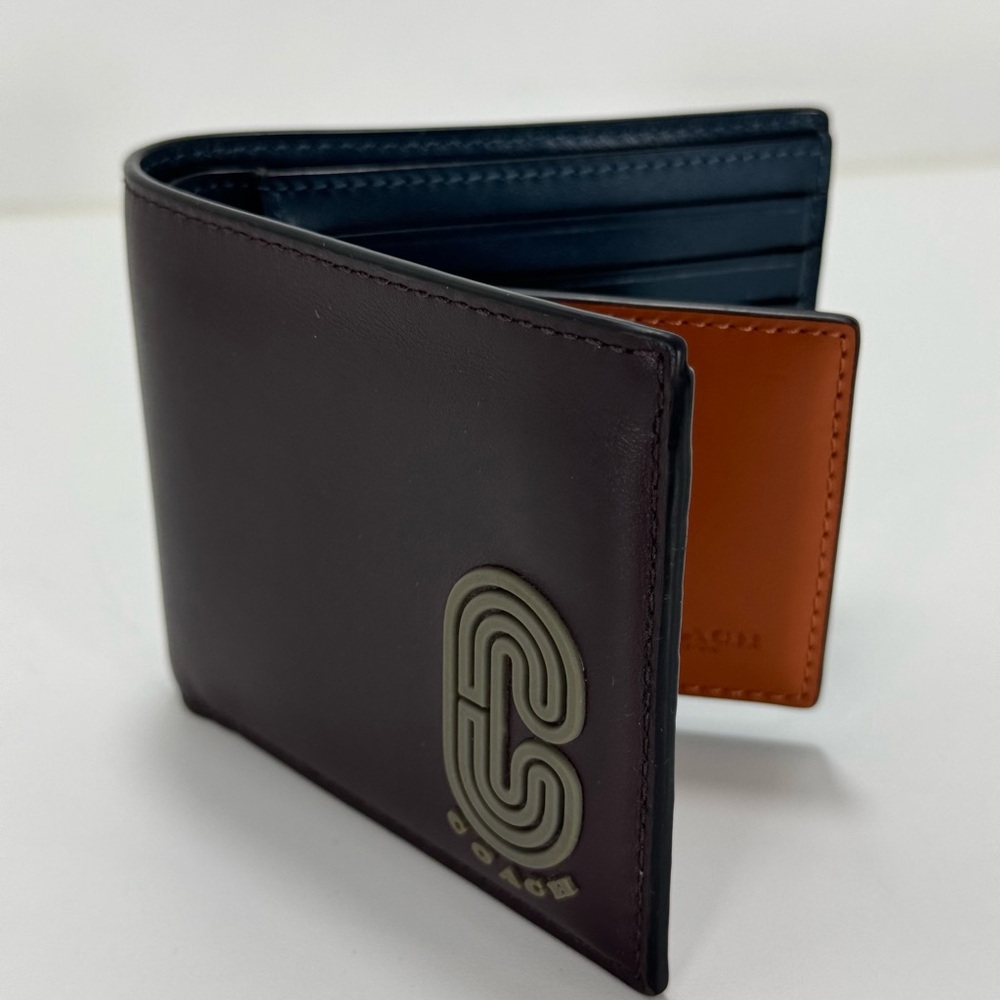 COACH Bifold Wallet - Unique Dark Brown, Orange, Teal Color Block.